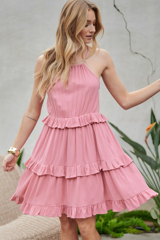 Davi & Dani Solid Ruffle Sleeveless Mini Dress
