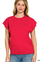 Red ribbed crewneck knit top with short sleeves and curved hem
