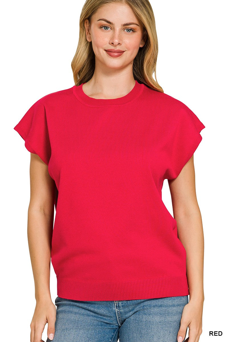 Red ribbed crewneck knit top with short sleeves and curved hem