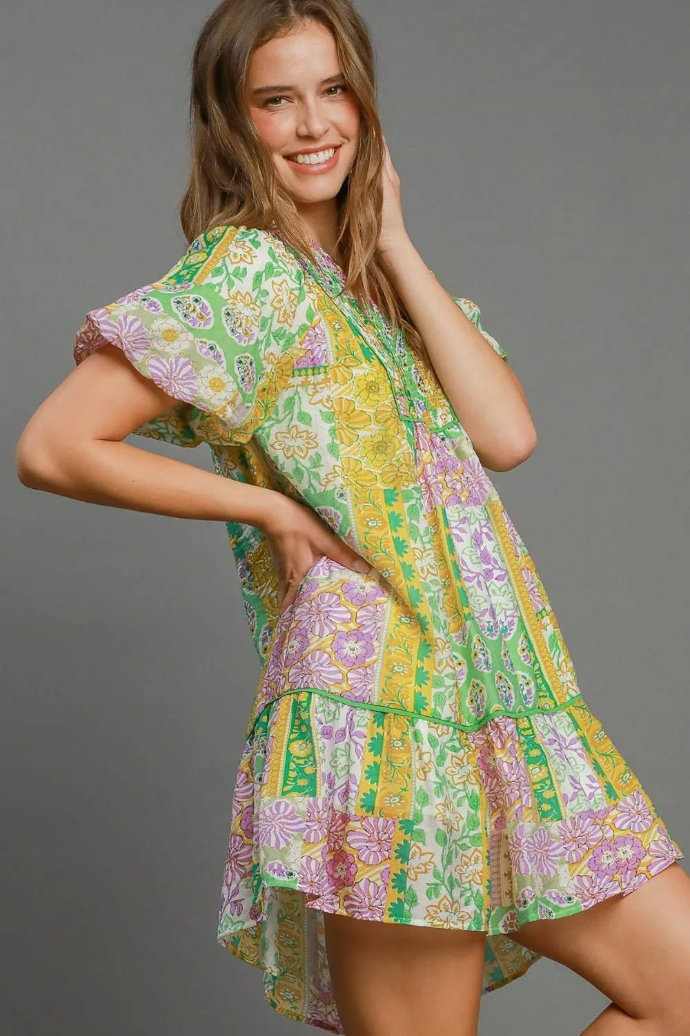 Umgee Smocked Floral Puff Sleeve Mini Dress