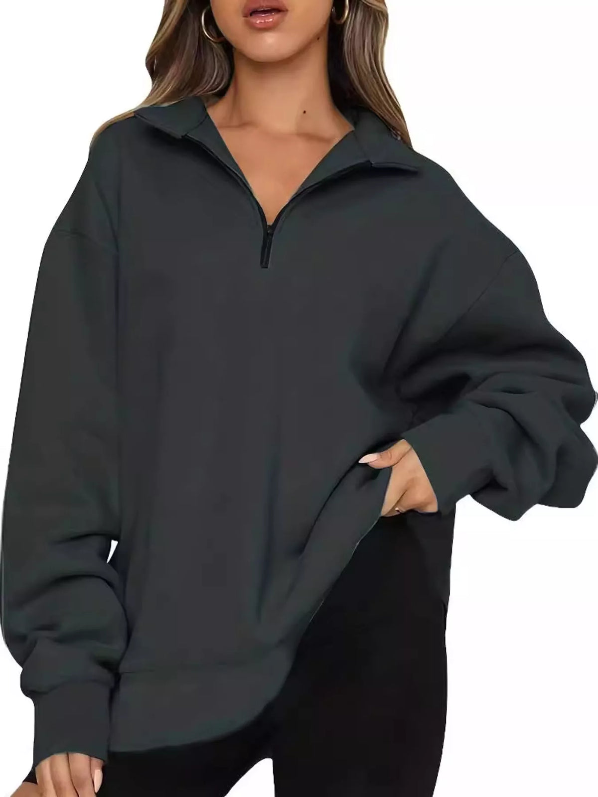 Oversized zip-neck sweatshirt, dark charcoal with half-zip front and ribbed cuffs