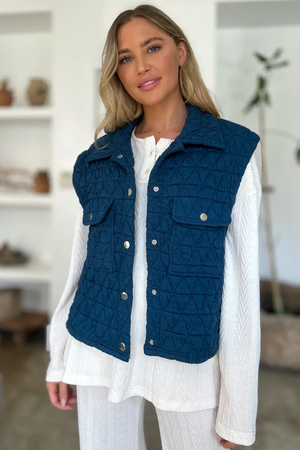 Double Take Full Size Snap Down Textured Vest Coat with Pockets