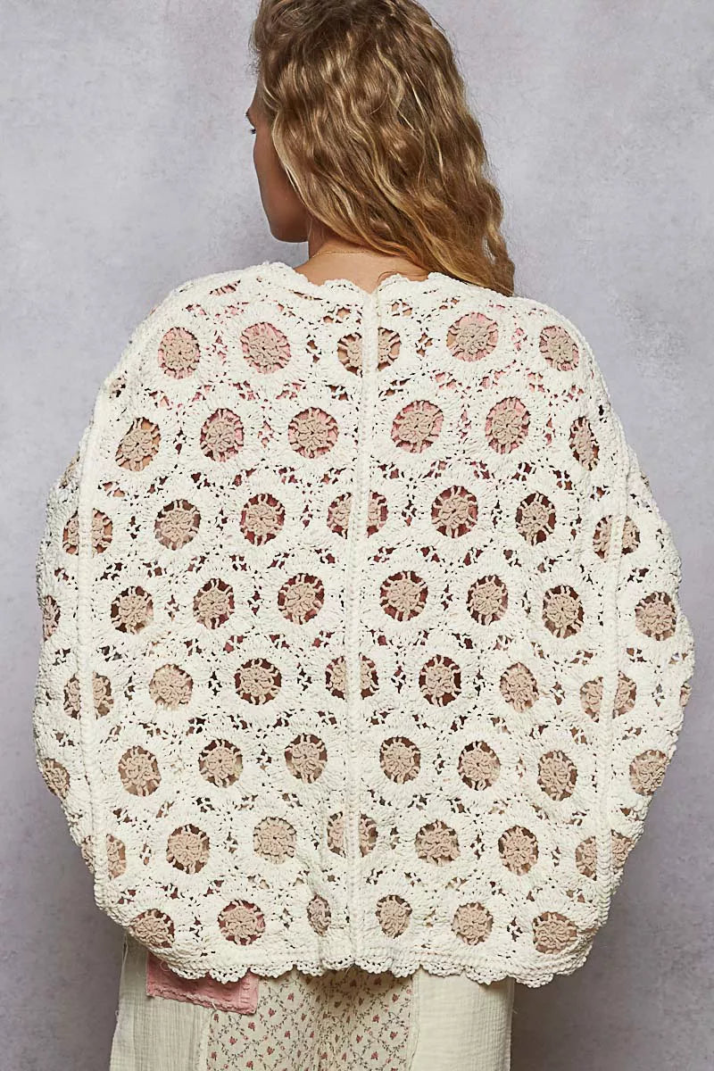 Chenille V-Neck Relaxed Fit Cardigan – Floral Batwing Design