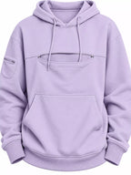 Lavender cat pouch drawstring hoodie with kangaroo pocket and front pouch detail