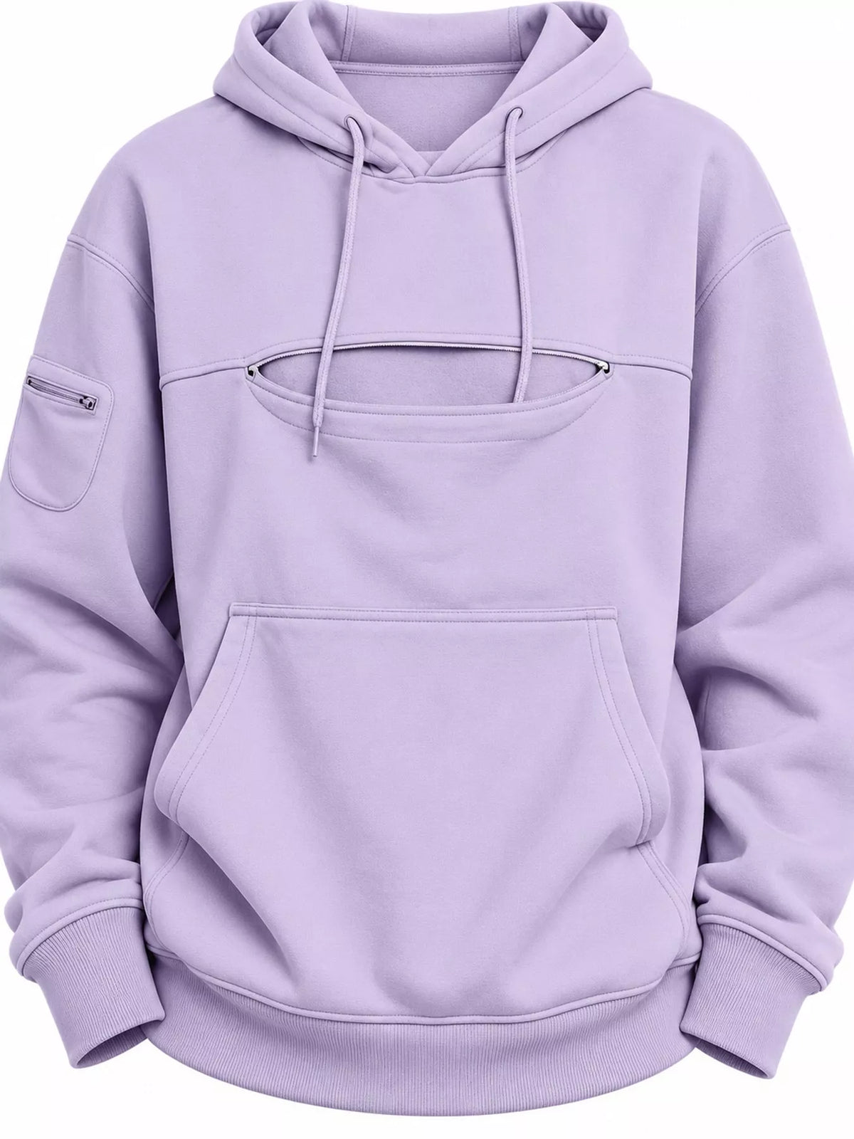 Lavender cat pouch drawstring hoodie with kangaroo pocket and front pouch detail