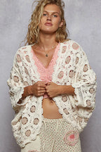 Chenille V-Neck Relaxed Fit Cardigan – Floral Batwing Design