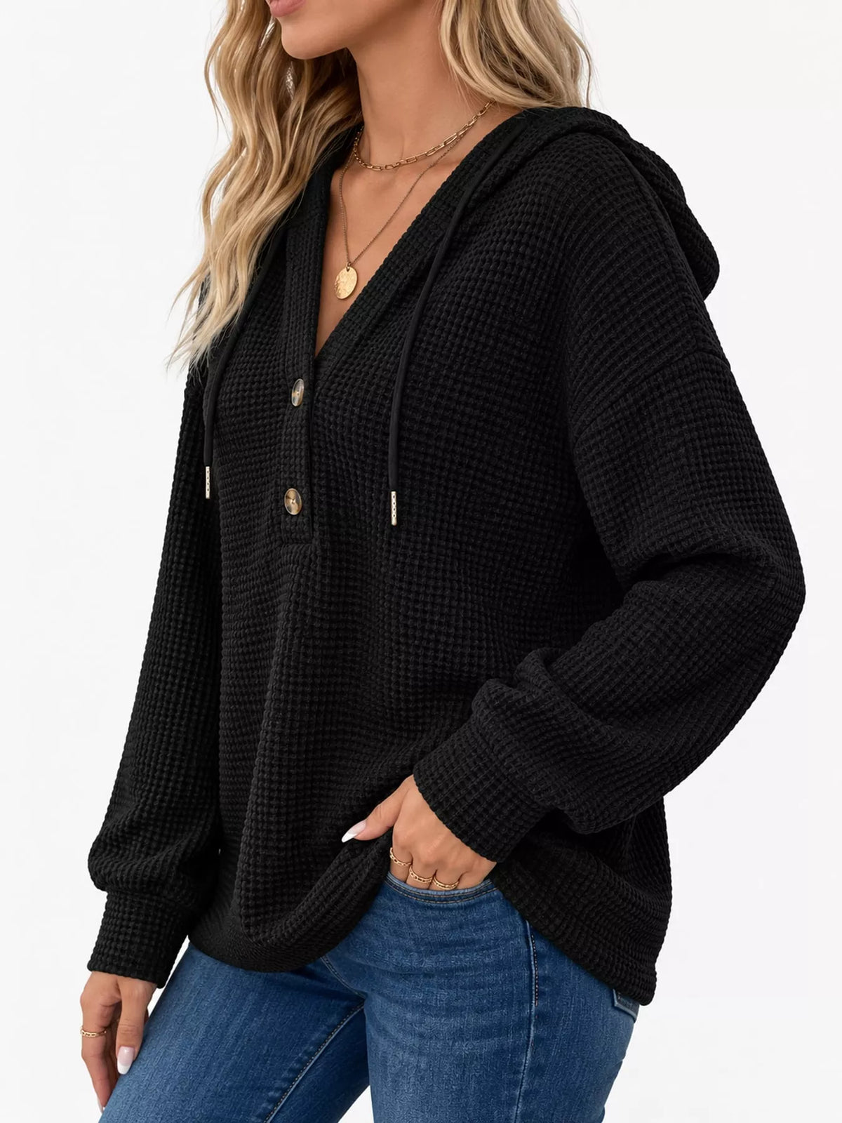 Black waffle-knit button hoodie with hood drawstrings and long sleeves