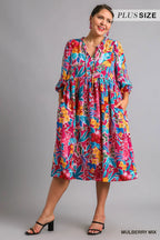 Floral Print Tie Neck Midi Dress with Pockets – Elegant & Chic
