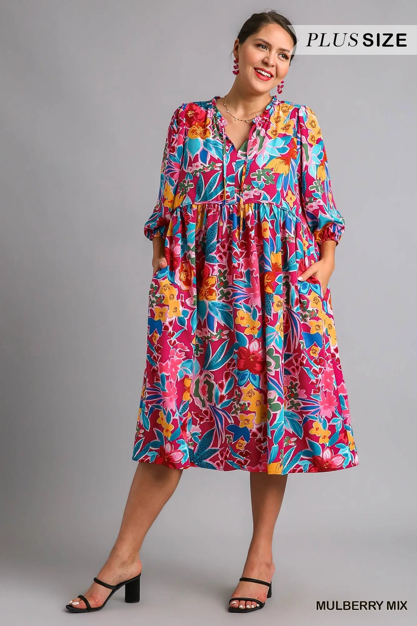 Floral Print Tie Neck Midi Dress with Pockets – Elegant & Chic