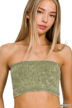 Washed ribbed seamless tube top in ash olive, straight neckline and banded hem