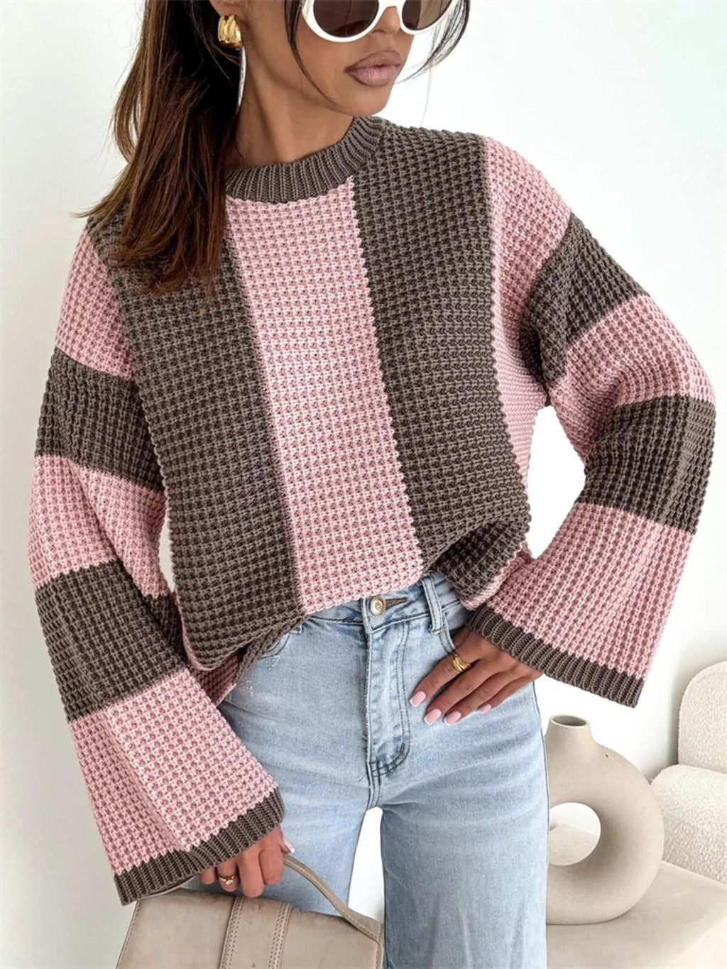 Color Block Long Sleeve Sweater – Trendy Casual Knitwear