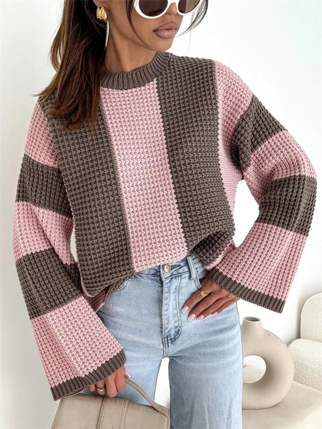 Color Block Long Sleeve Sweater – Trendy Casual Knitwear