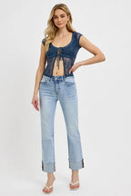 Dreamkue-Risen Women’s High Rise Straight Leg Cuffed Relaxed Fit Jeans Casual Stretch Denim Pants