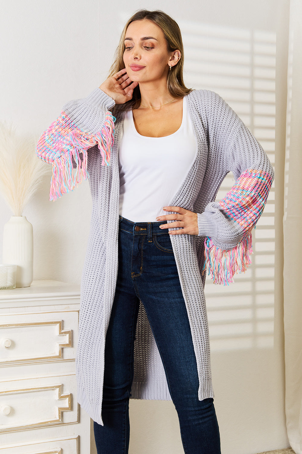 Fringe Sleeve Dropped Shoulder Cardigan – Trendy & Cozy Layer