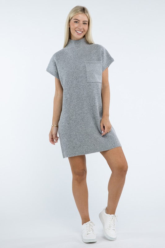 Zenana Mock Neck Short Sleeve Sweater Dress with Pocket