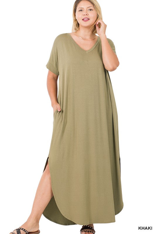 Zenana Viscose Side Slit V-Neck Maxi Dress