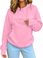 Pink cat pouch drawstring hoodie with hood and kangaroo pocket, worn front view