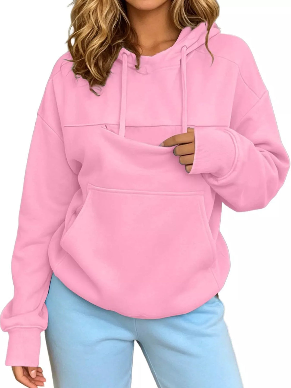 Pink cat pouch drawstring hoodie with hood and kangaroo pocket, worn front view