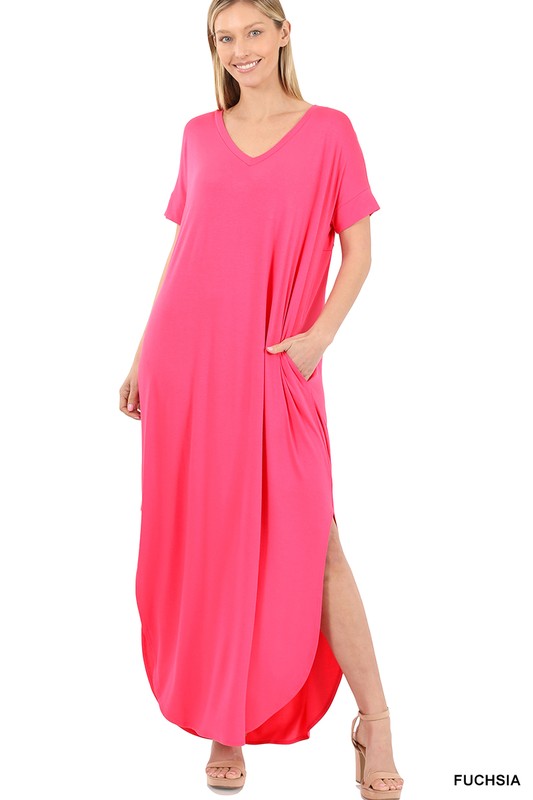 Zenana Viscose Fabric V-Neck Short Sleeve Maxi Dress