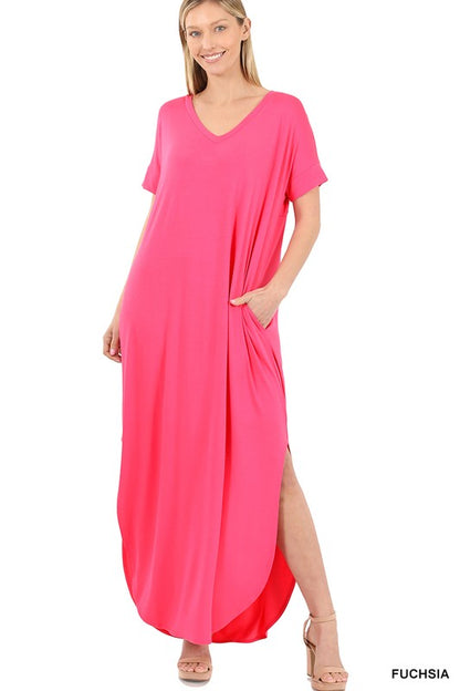 Zenana Viscose Fabric V-Neck Short Sleeve Maxi Dress