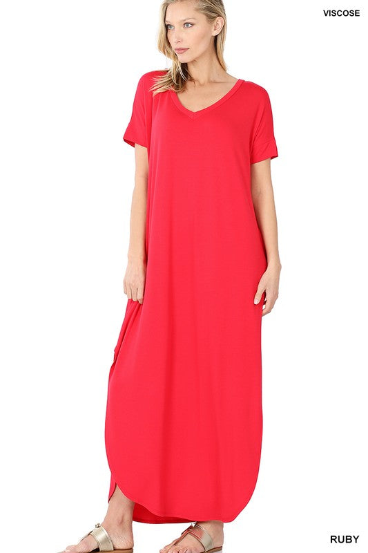Zenana Viscose Fabric V-Neck Short Sleeve Maxi Dress