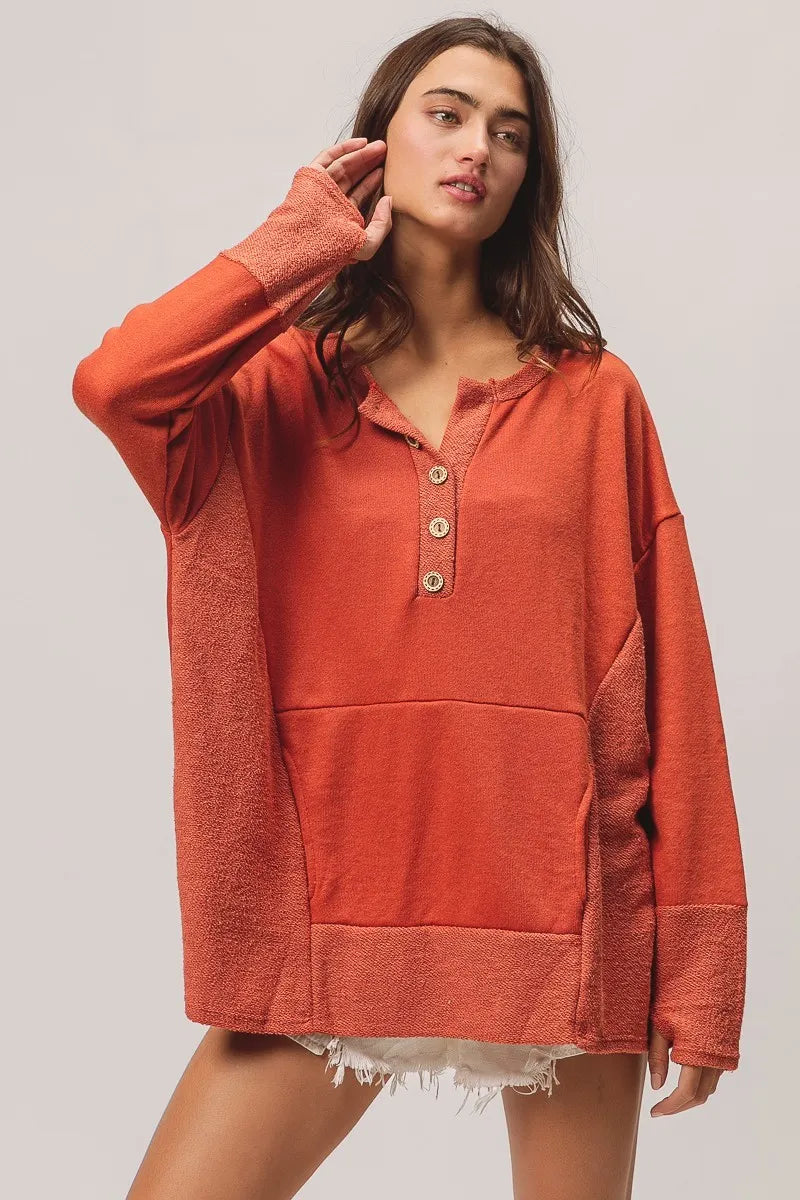French Terry Henley Top with Side Block Detail & Button Accents