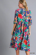 Floral Print Tie Neck Midi Dress with Pockets | Elegant Women’s Fashion
