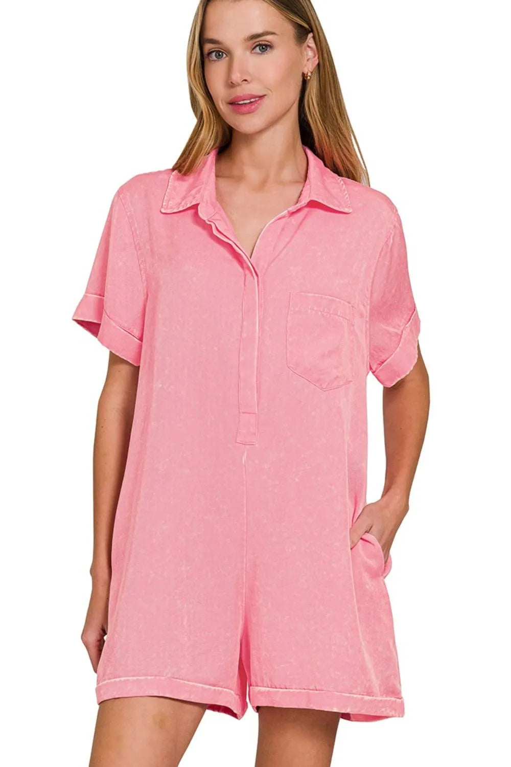Tencel Mineral Washed Shirt Romper – Soft, Half-Button & Stylish