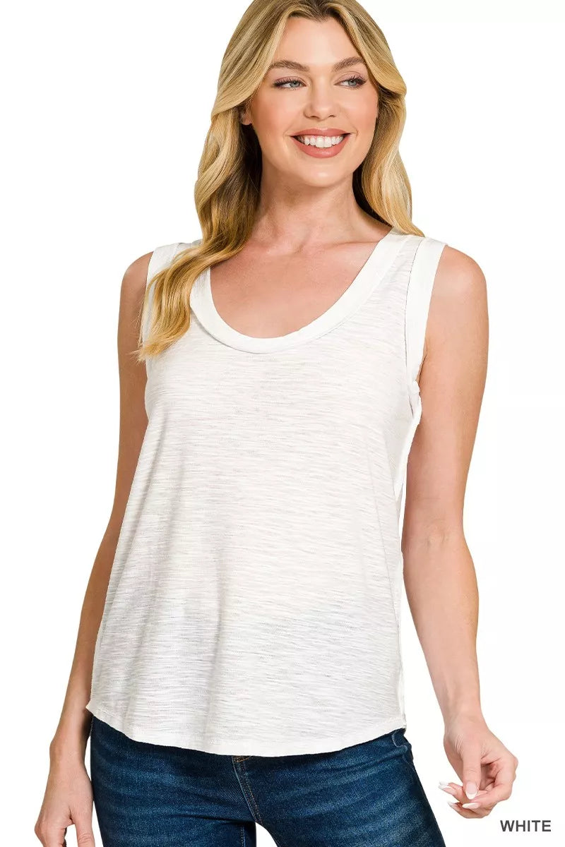 White slub tank top with scoop neck and raw-edge hem, sleeveless knit