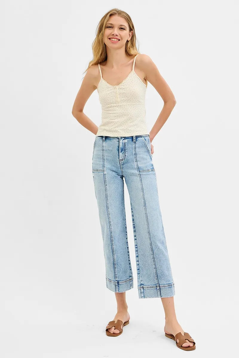 Light Wash Wide Leg Jeans – High Waist Contrast Stitch Cropped Fit