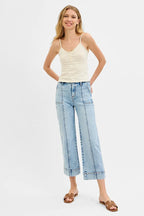 Light Wash Wide Leg Jeans – High Waist Contrast Stitch Cropped Fit