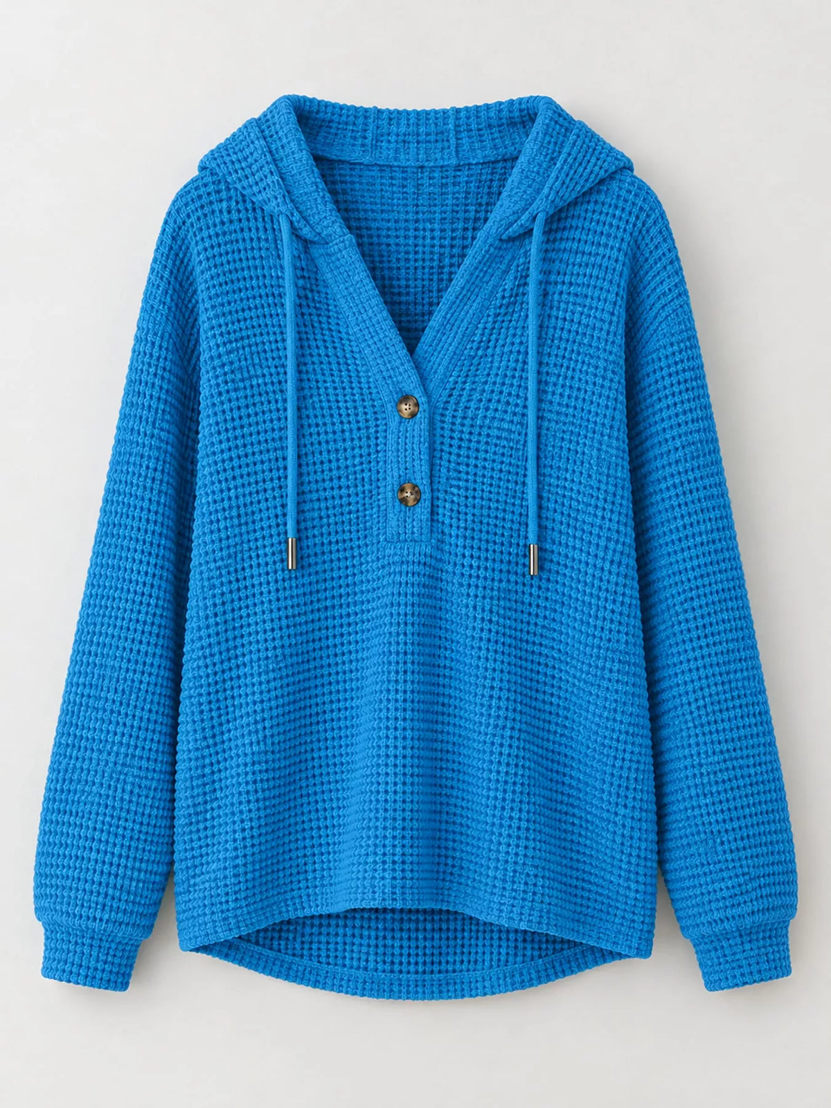 Bright blue waffle-knit button hoodie with hood, gold buttons, and drawstring ties.