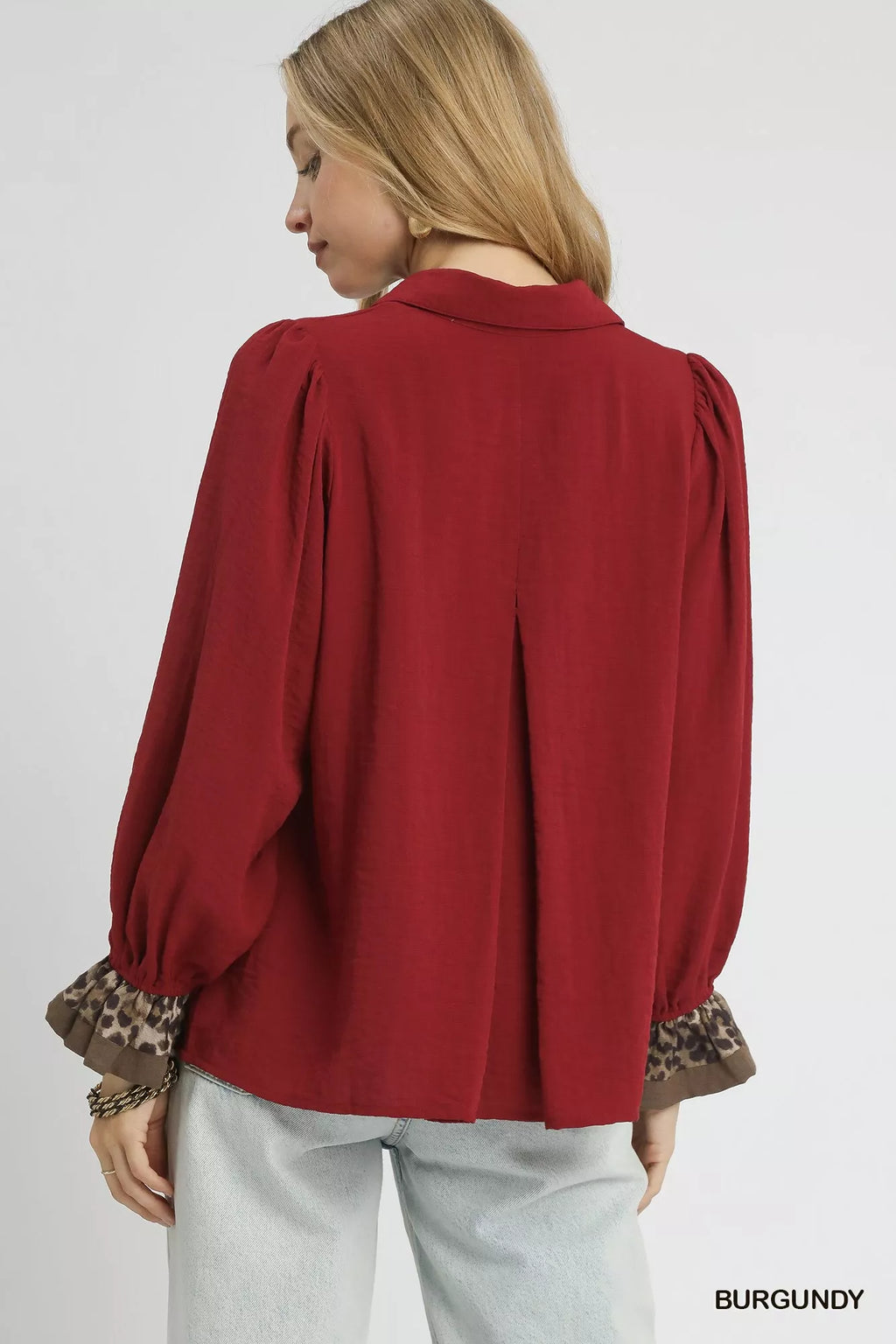 Half Button Blouse with Leopard Print Trim – Trendy Chic Top