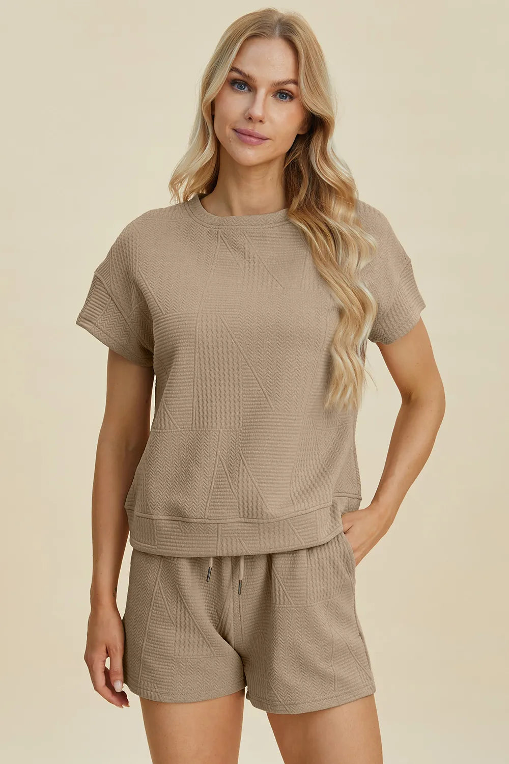 Textured short-sleeve top and matching drawstring shorts set in khaki/tan