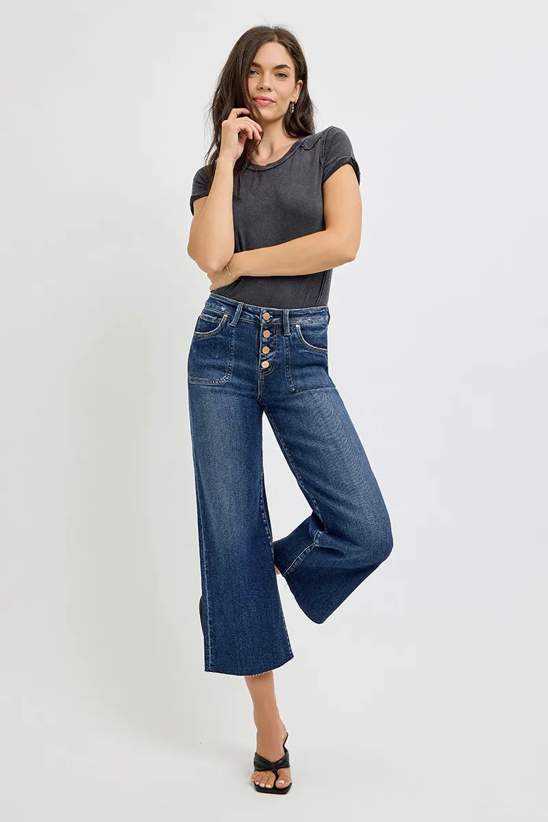 High-Waisted Wide-Leg Cropped Jeans – Button-Fly Medium Wash