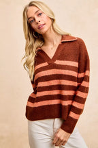 BiBi Striped Sweater Top – Trendy Collared Knit with Stitched Details