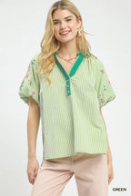 Green striped dolman top, V-neck, embroidered floral puff sleeves