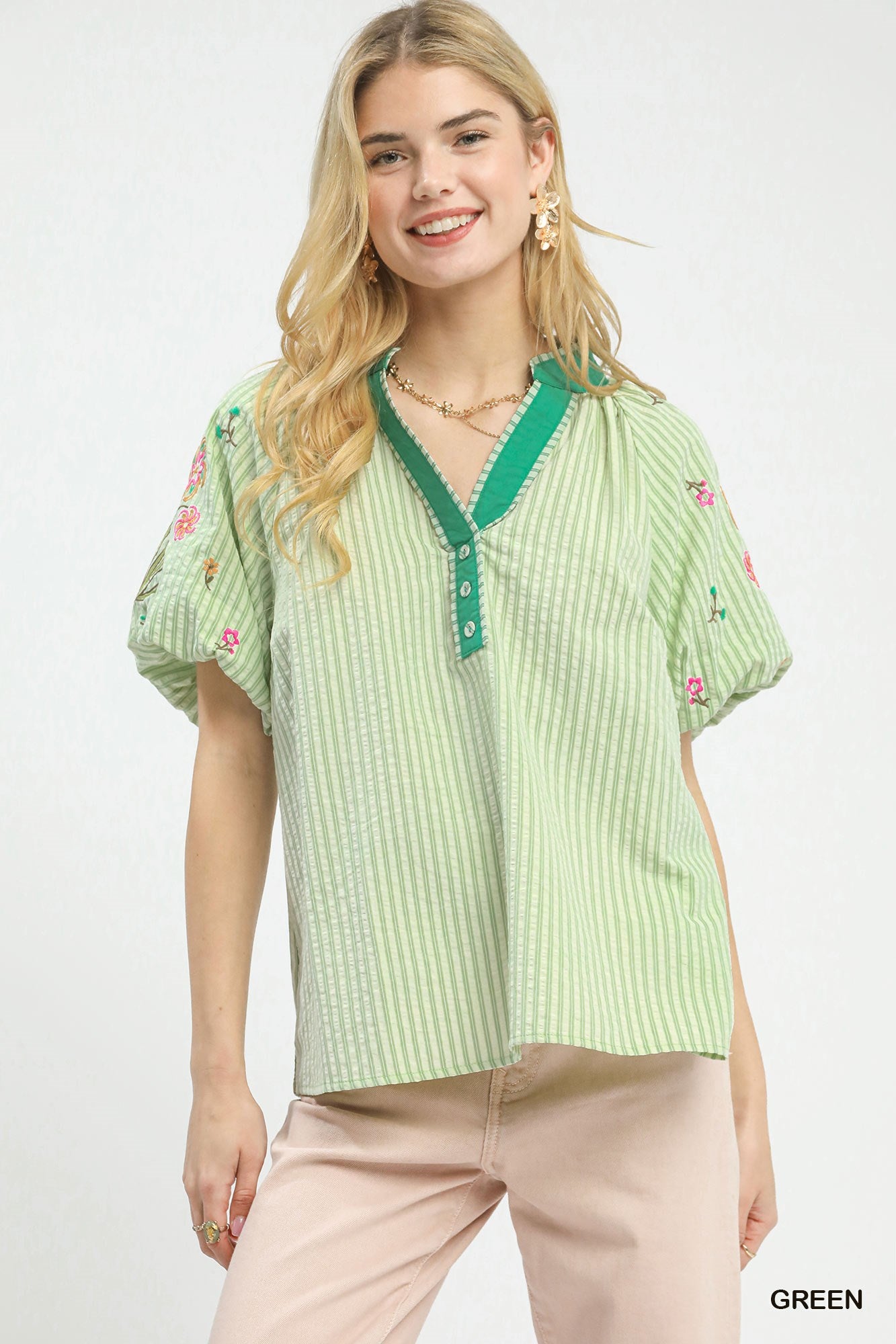 Green striped dolman top, V-neck, embroidered floral puff sleeves