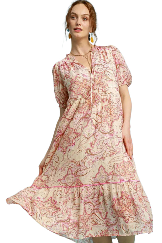 Umgee Printed Puff Short Sleeve Midi Dress