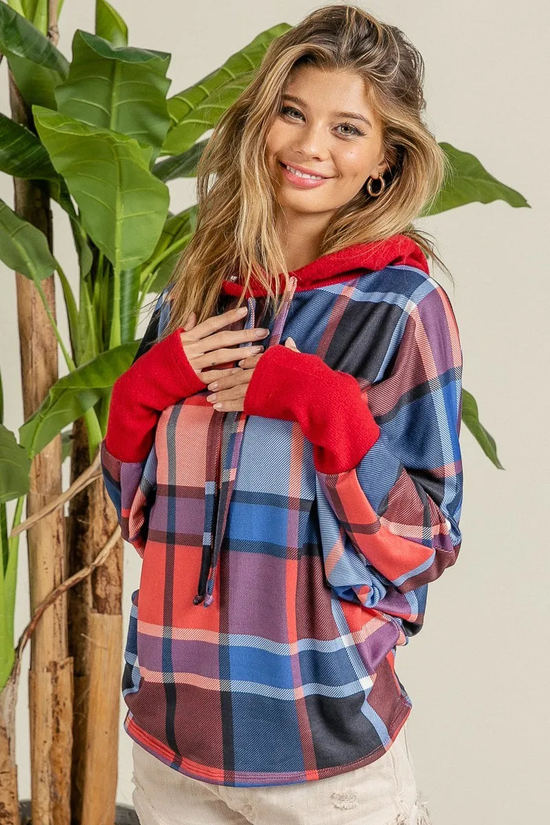 Plaid Brushed Rib Contrast Thumb Open Hoodie – Cozy Casual Layer