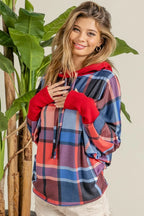 Plaid Brushed Rib Contrast Thumb Open Hoodie – Cozy Casual Layer
