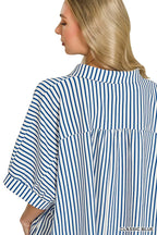 Women’s striped button-down shirt back, classic blue vertical stripes, loose short-sleeve fit