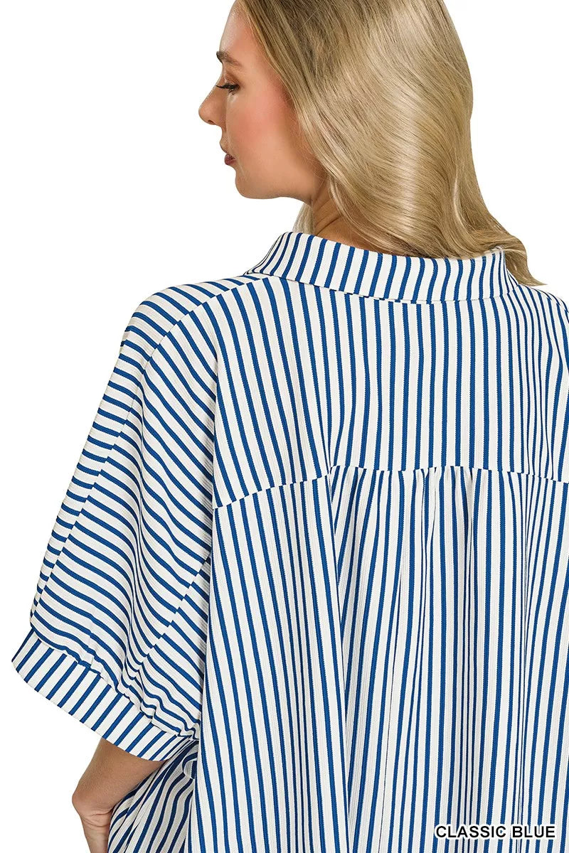 Women’s striped button-down shirt back, classic blue vertical stripes, loose short-sleeve fit