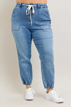 Judy Blue Women's High Waist Denim Joggers Stretchy Drawstring Waist Casual Jeans