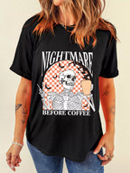 Halloween Skull Checkerboard Graphic Tee – Round Neck T-Shirt