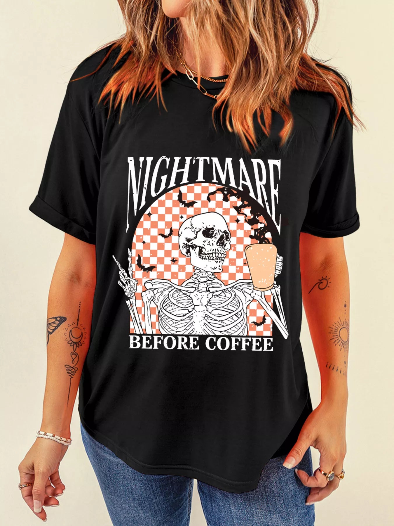 Halloween Skull Checkerboard Graphic Tee – Round Neck T-Shirt