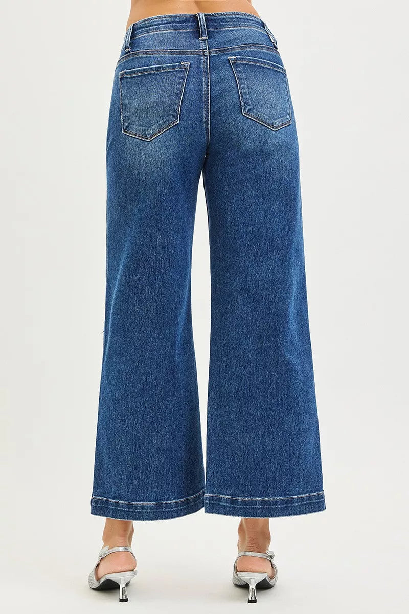 High-rise wide-leg blue denim jeans with two back patch pockets