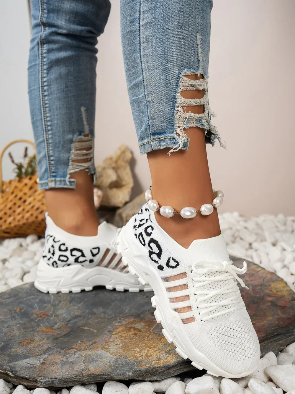 Cutout Leopard Lace-Up Mesh Athletic Sneakers – Sporty & Stylish