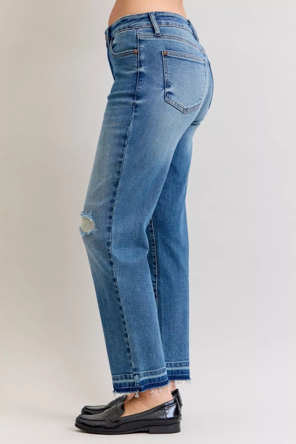 Judy Blue Mid Rise Boyfriend Patch & Repair Jeans – Edgy Denim Style