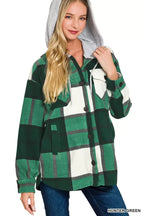 Women's plaid fleece shacket with drawstring hood, button front and sleeve cuffs